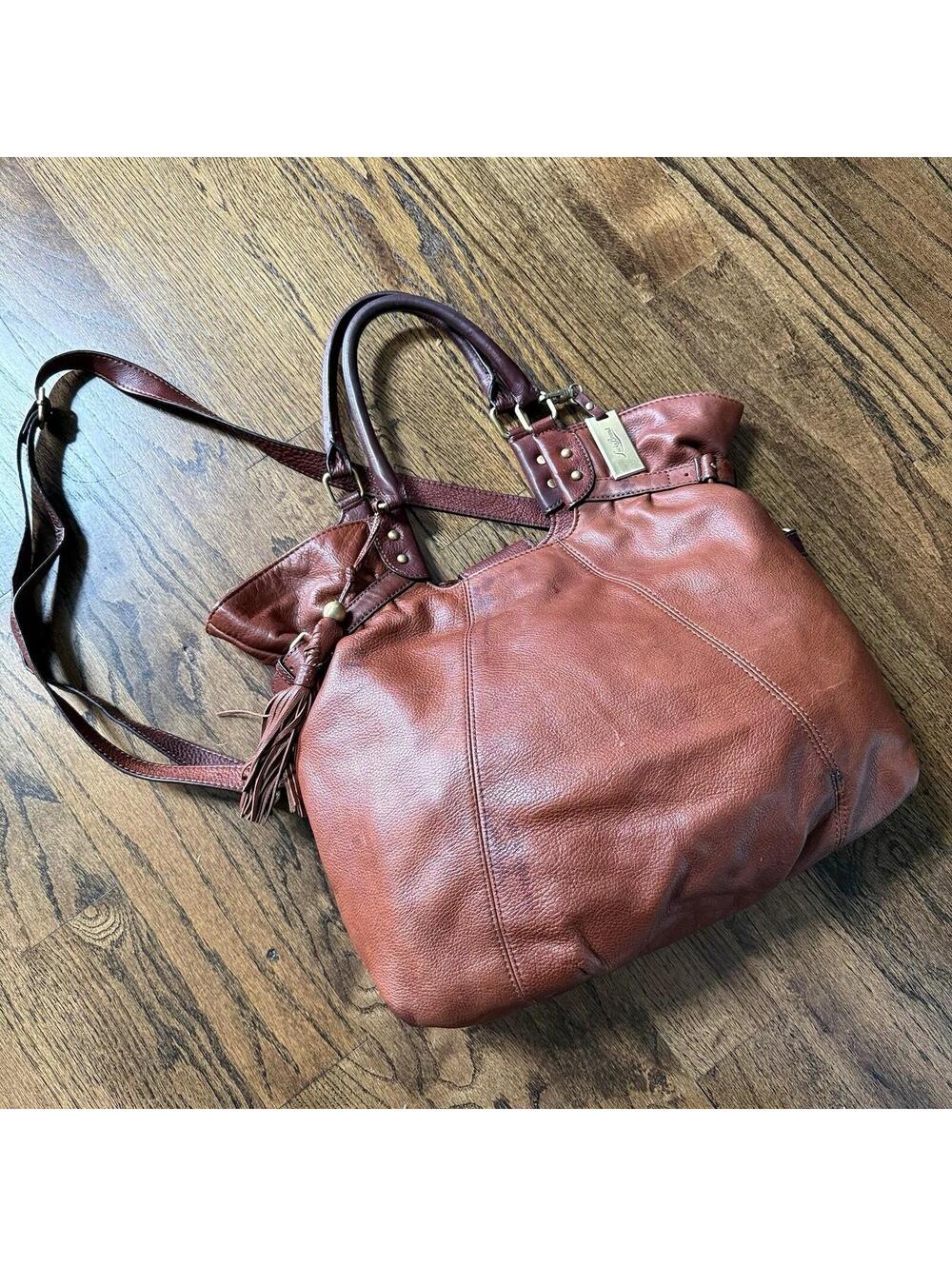 Lucky Brand Cognac Leather Boho Slouch Tote Crossbody Bag Tassel Large - Picture 5 of 11